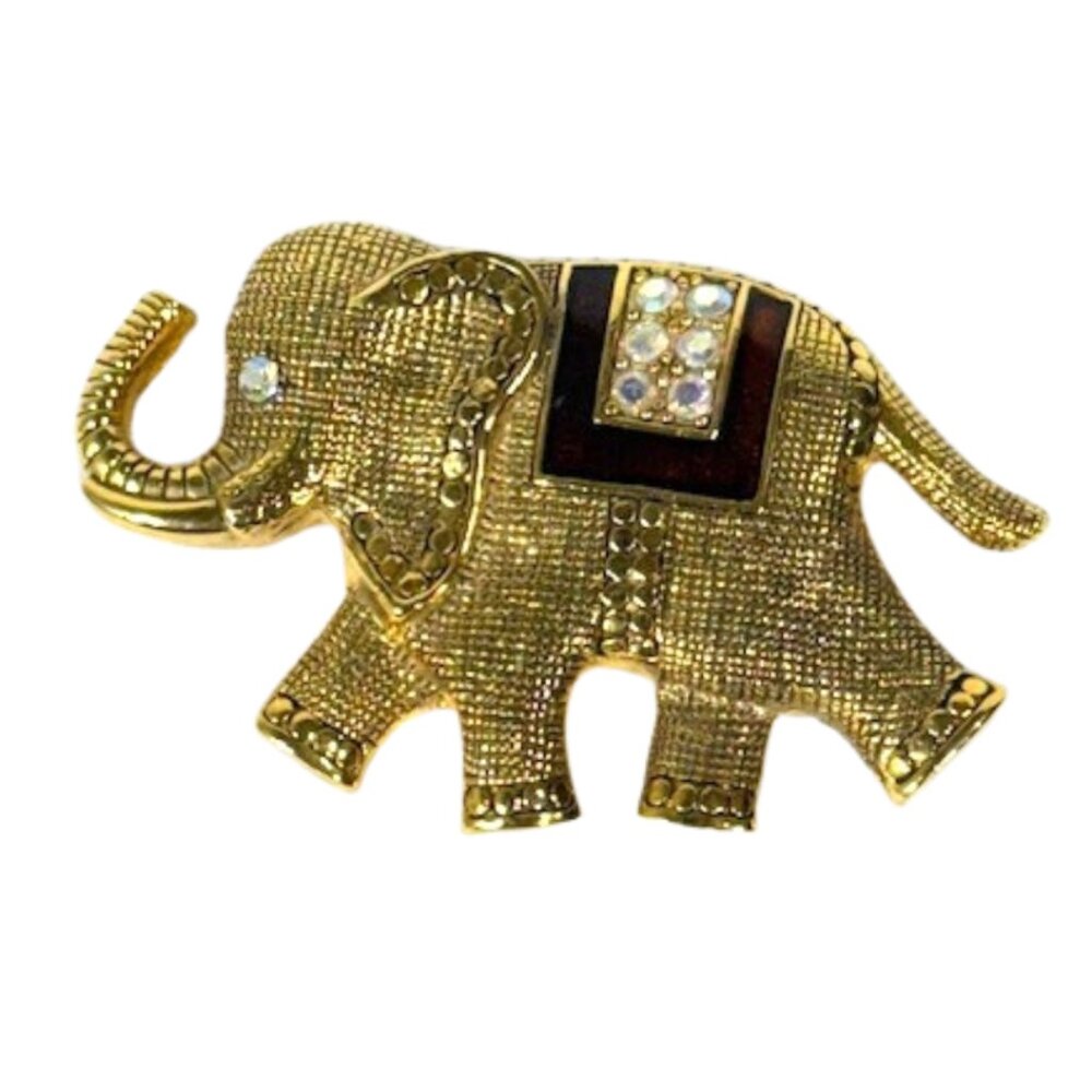 Gold-tone, lacquer and rhinestone elephant brooch/pin.